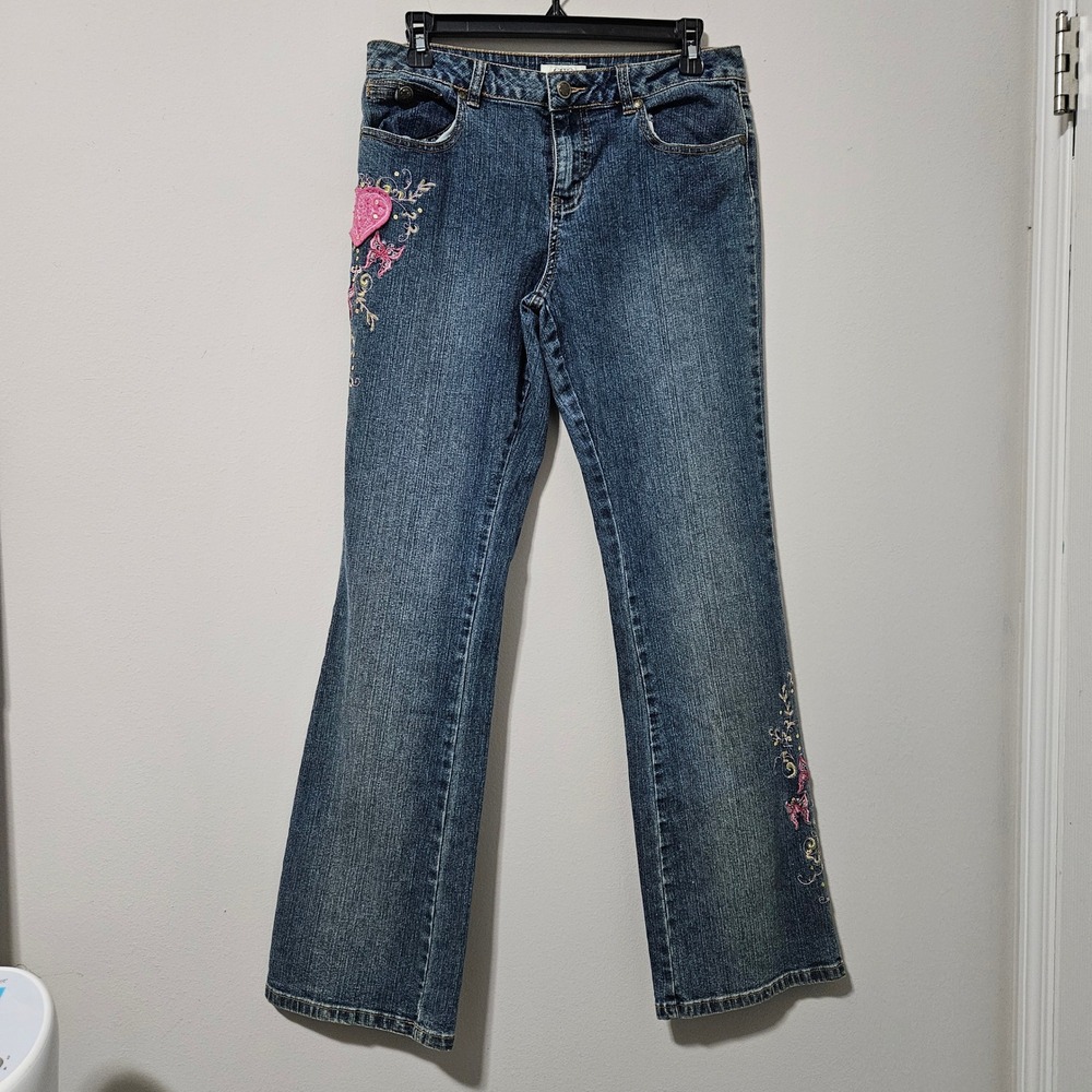 Cato Girls Blue Denim Bootcut Jeans Size 16 Butterfly Heart Floral Embroidered